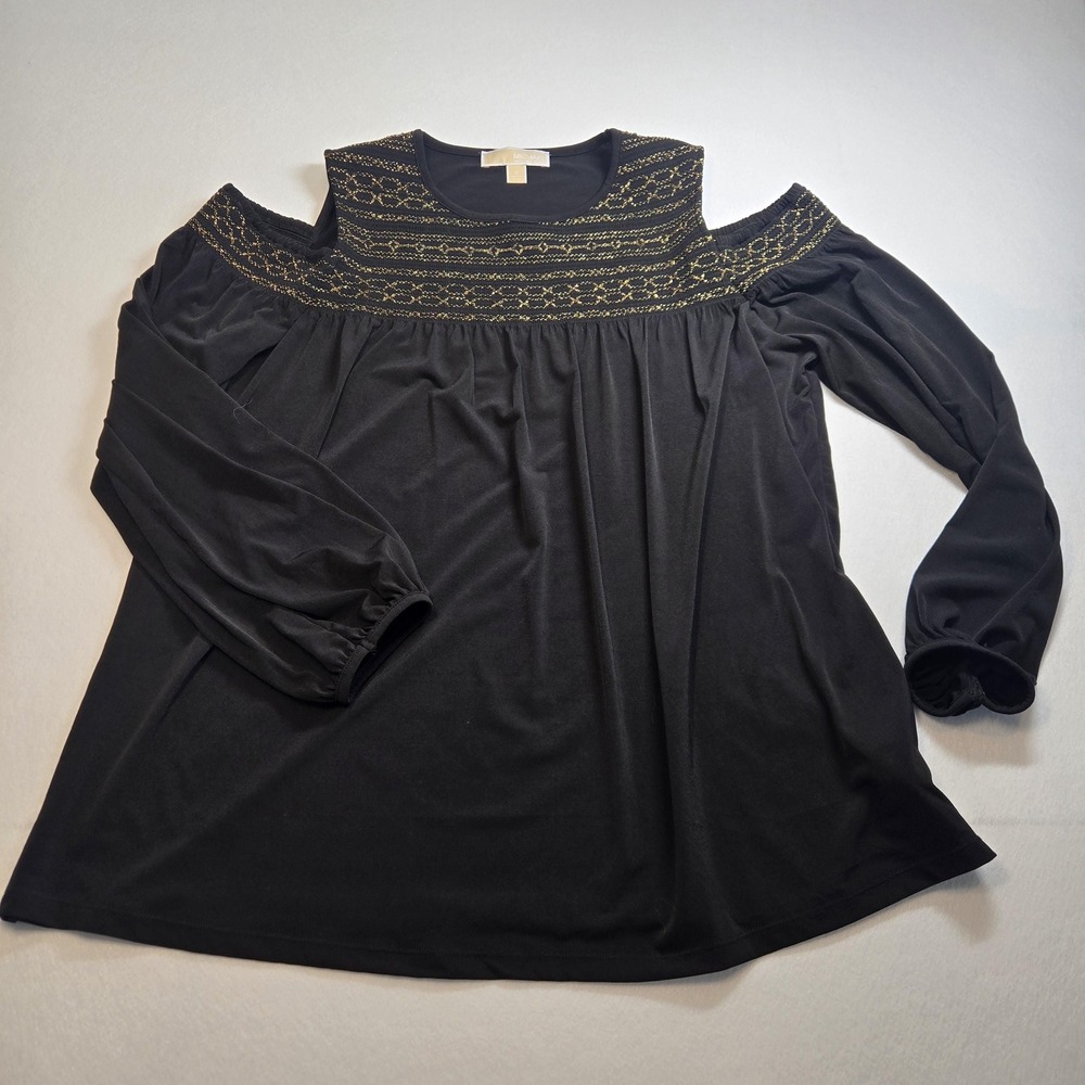 Michael Michael Kors Top Women 1X Black Excellent Gold Embroidered Cold Shoulder